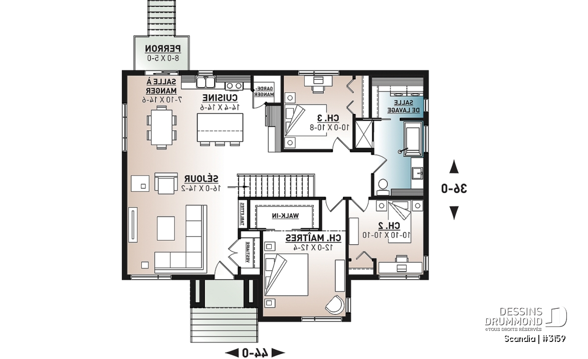 Rez-de-chaussée - Plan de plain-pied 3 chambres, cuisine avec garde-manger, vestiaire d'entrée, salle de lavage au premier - Scandia