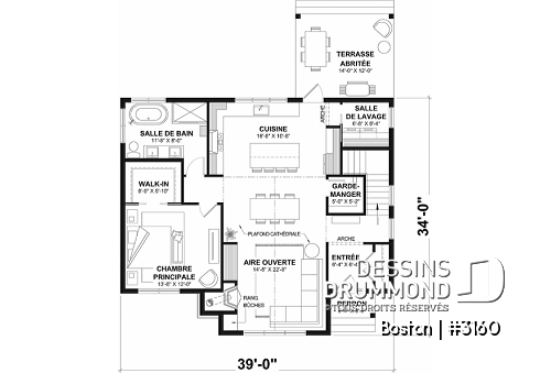 Rez-de-chaussée - Plan maison américaine avec sous-sol, 1 à 3 chambres, 1 à 2 salles de bain, garde-manger, cathédrale de 16'8'' - Boston