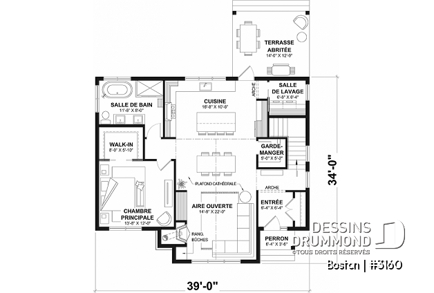 Rez-de-chaussée - Plan maison américaine avec sous-sol, 1 à 3 chambres, 1 à 2 salles de bain, garde-manger, cathédrale de 16'8'' - Boston