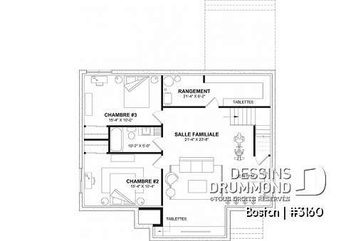 Sous-sol - Plan maison américaine avec sous-sol, 1 à 3 chambres, 1 à 2 salles de bain, garde-manger, cathédrale de 16'8'' - Boston