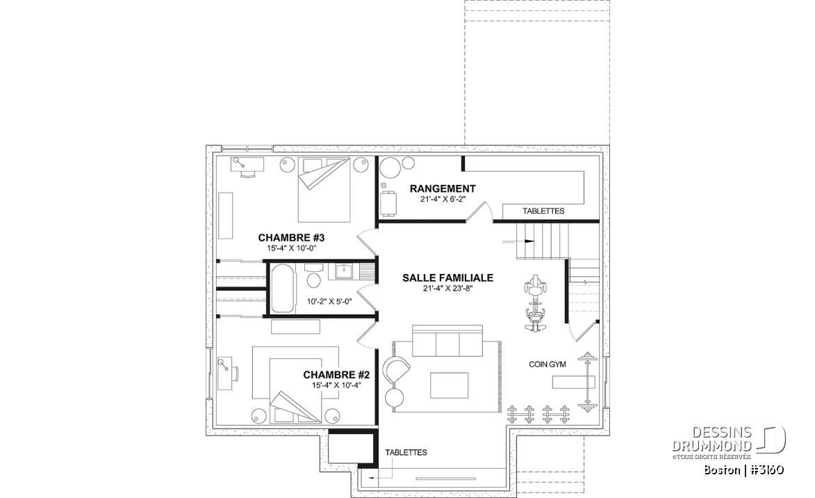 Sous-sol aménagé (Optionel $) - Plain-pied de style américain BOSTON – plafonds 10’, foyer chaleureux et sous-sol modulable - Boston