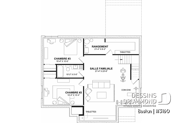Sous-sol aménagé (Optionel $) du plan de maison unifamiliale 3160 Sous-sol aménagé (Optionel $) - Plain-pied de style américain BOSTON – plafonds 10’, foyer chaleureux et sous-sol modulable - Boston