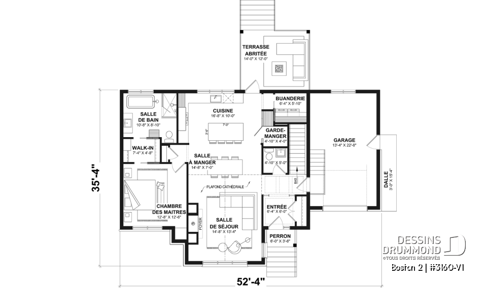 Rez-de-chaussée - Plan de plain-pied haut de gamme avec garage, possibilité de 4 chambres, plafond cathédral et suite parentale - Boston 2