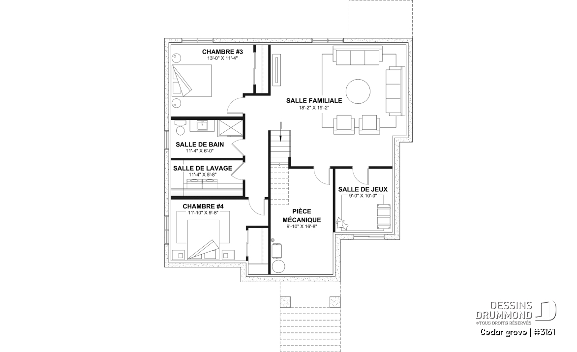 Sous-sol aménagé (Optionel $) - Modèle de maison plain-pied, sous-sol aménagé optionnel ($), 2 à 4 chambres, bureau, garde-manger, vestiaire - Cedar grove