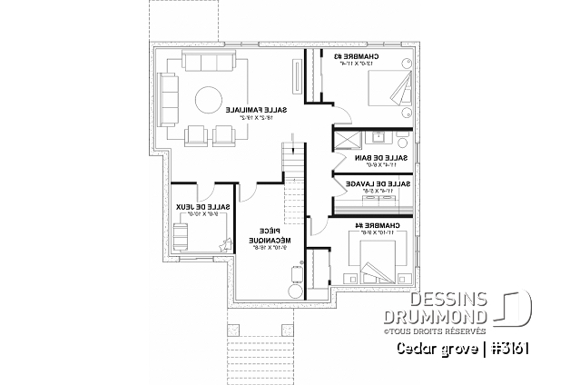 Sous-sol aménagé (Optionel $) du plan de maison unifamiliale 3161 Sous-sol aménagé (Optionel $) - Modèle de maison plain-pied, sous-sol aménagé optionnel ($), 2 à 4 chambres, bureau, garde-manger, vestiaire - Cedar grove