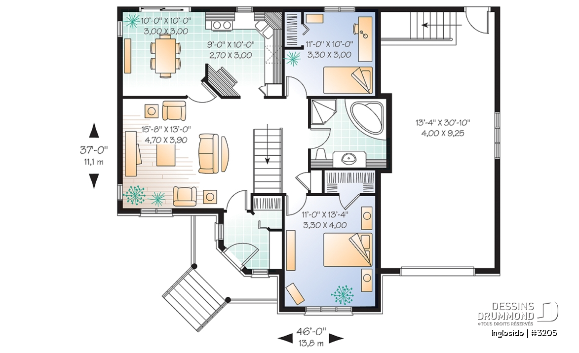 Rez-de-chaussée - Plan de plain-pied 2 chambres, garage, vestibule fermé et accès au sous-sol du garage - Ingleside