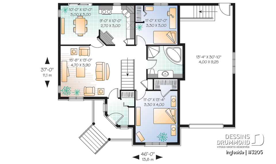 Rez-de-chaussée - Plan de plain-pied 2 chambres, garage, vestibule fermé et accès au sous-sol du garage - Ingleside