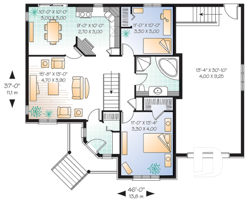 Rez-de-chaussée - Plan de plain-pied 2 chambres, garage, vestibule fermé et accès au sous-sol du garage - Ingleside