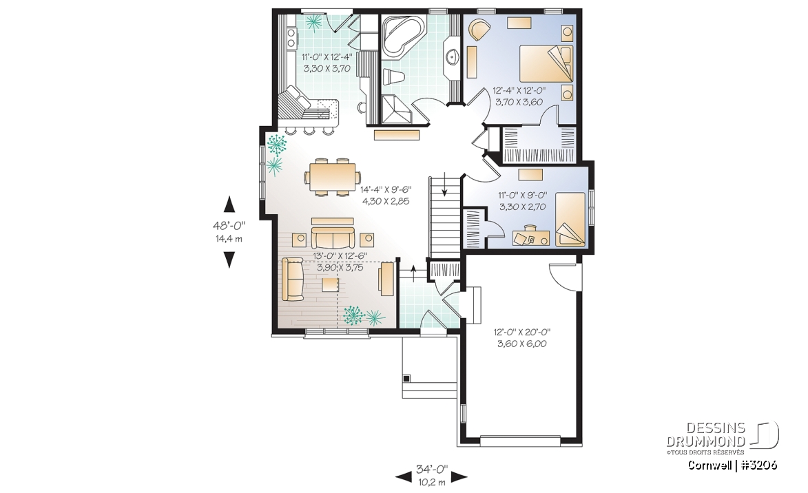 Rez-de-chaussée - Plan de maison plain-pied european, belle chambre des maîtres avec walk-in, cathédrale au salon, garage - Cornwell
