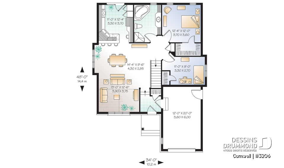 Rez-de-chaussée - Plan de maison plain-pied european, belle chambre des maîtres avec walk-in, cathédrale au salon, garage - Cornwell