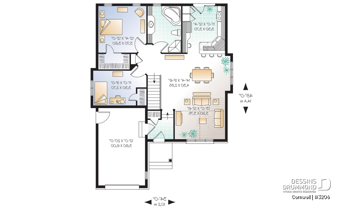 Rez-de-chaussée - Plan de maison plain-pied european, belle chambre des maîtres avec walk-in, cathédrale au salon, garage - Cornwell