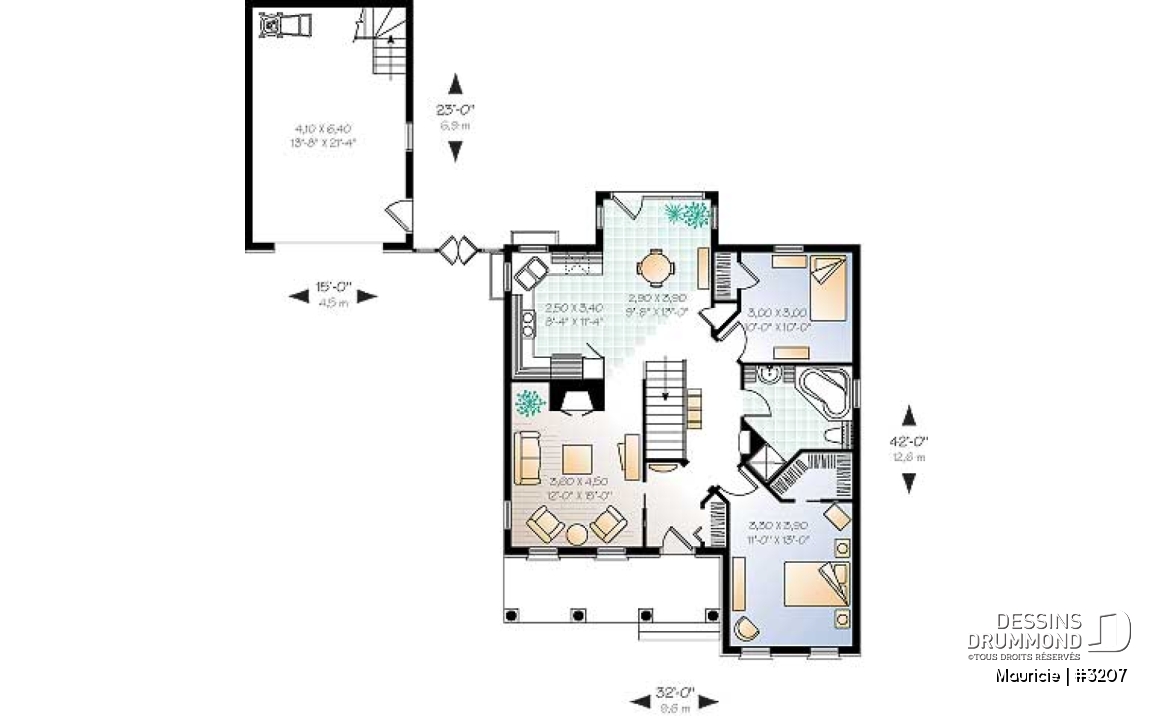 Rez-de-chaussée - Maison plain-pied avec 2 chambres, galerie abritée, salle à manger en solarium, foyer, garage inclus au plan - Mauricie