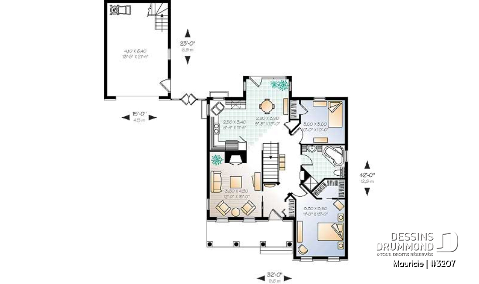 Rez-de-chaussée - Maison plain-pied avec 2 chambres, galerie abritée, salle à manger en solarium, foyer, garage inclus au plan - Mauricie