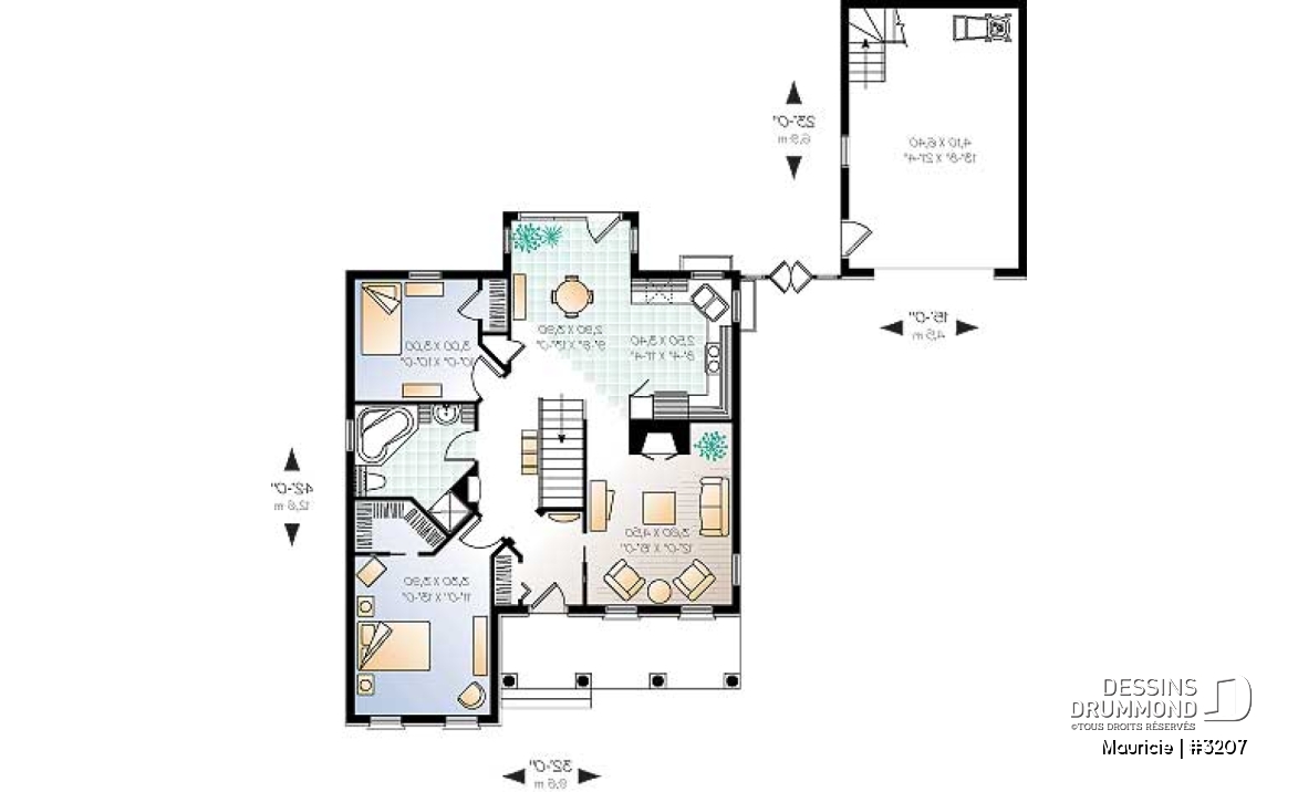 Rez-de-chaussée - Maison plain-pied avec 2 chambres, galerie abritée, salle à manger en solarium, foyer, garage inclus au plan - Mauricie