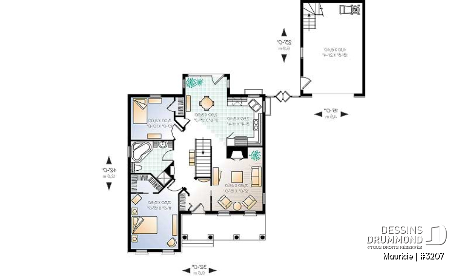 Rez-de-chaussée - Maison plain-pied avec 2 chambres, galerie abritée, salle à manger en solarium, foyer, garage inclus au plan - Mauricie