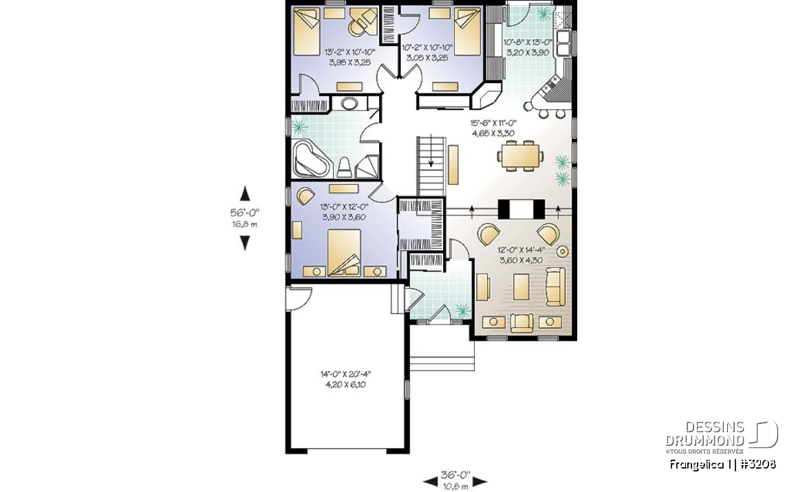 Rez-de-chaussée - Plan de maison plain-pied 3 chambres, garage, walk-in chambre parents, foyer 2 faces, garde-manger - Frangelica 1