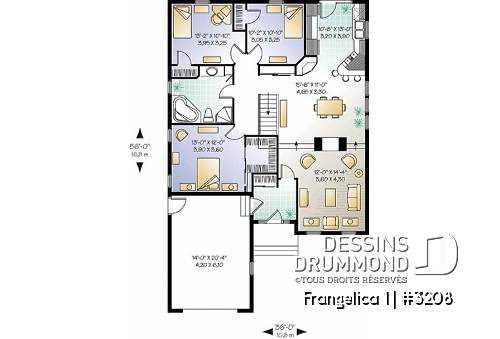 Rez-de-chaussée - Plan de maison plain-pied 3 chambres, garage, walk-in chambre parents, foyer 2 faces, garde-manger - Frangelica 1