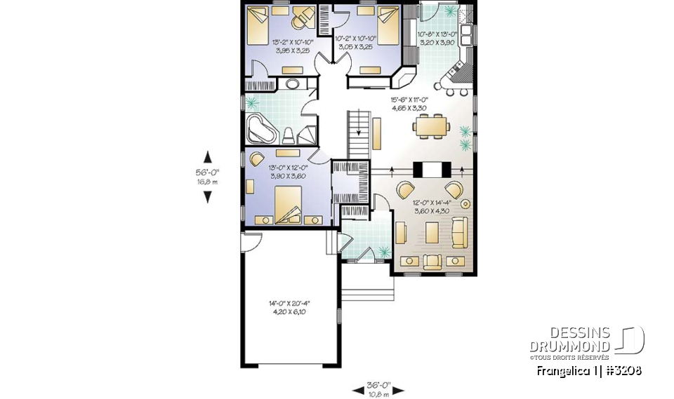 Rez-de-chaussée - Plan de maison plain-pied 3 chambres, garage, walk-in chambre parents, foyer 2 faces, garde-manger - Frangelica 1
