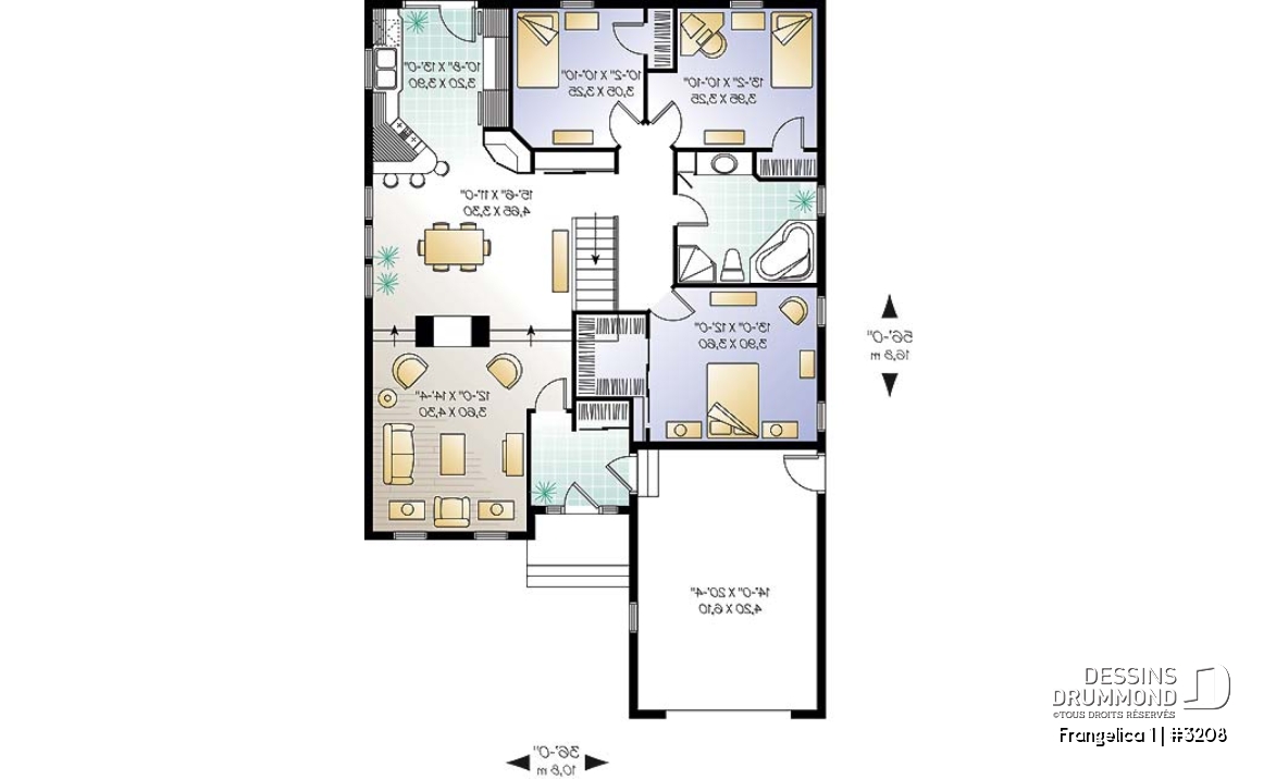 Rez-de-chaussée - Plan de maison plain-pied 3 chambres, garage, walk-in chambre parents, foyer 2 faces, garde-manger - Frangelica 1