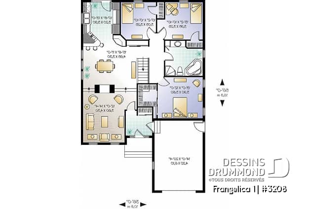 Rez-de-chaussée - Plan de maison plain-pied 3 chambres, garage, walk-in chambre parents, foyer 2 faces, garde-manger - Frangelica 1