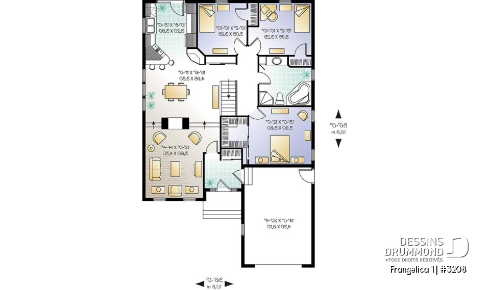 Rez-de-chaussée - Plan de maison plain-pied 3 chambres, garage, walk-in chambre parents, foyer 2 faces, garde-manger - Frangelica 1