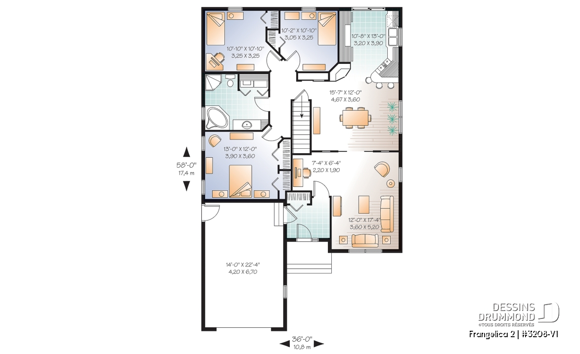 Rez-de-chaussée - Plan de maison 1 étage, 3 chambres, garage, grande salle familiale, coin ordinateur, style Cape Cod, foyer - Frangelica 2
