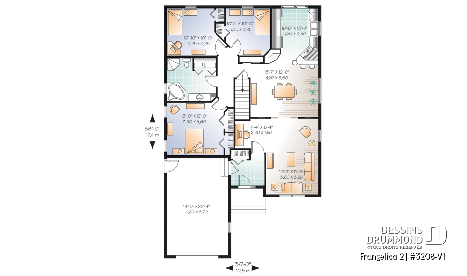 Rez-de-chaussée - Plan de maison 1 étage, 3 chambres, garage, grande salle familiale, coin ordinateur, style Cape Cod, foyer - Frangelica 2