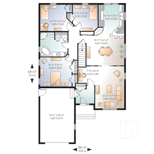 Rez-de-chaussée - Plan de maison 1 étage, 3 chambres, garage, grande salle familiale, coin ordinateur, style Cape Cod, foyer - Frangelica 2