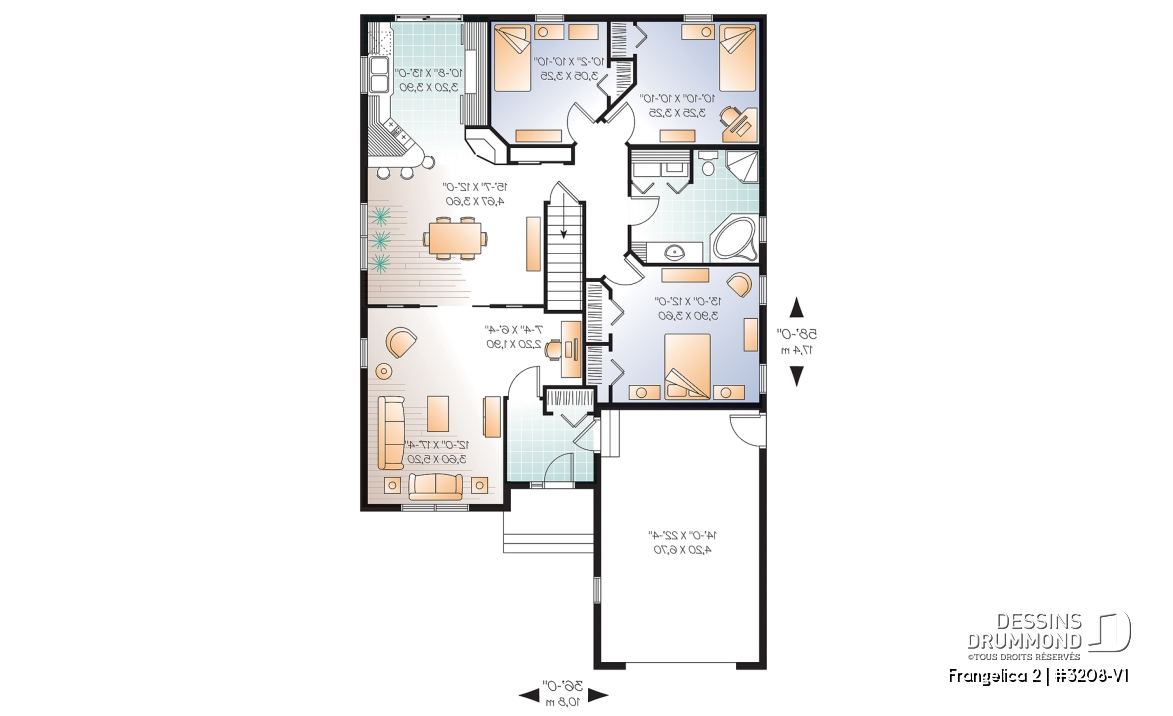 Rez-de-chaussée - Plan de maison 1 étage, 3 chambres, garage, grande salle familiale, coin ordinateur, style Cape Cod, foyer - Frangelica 2
