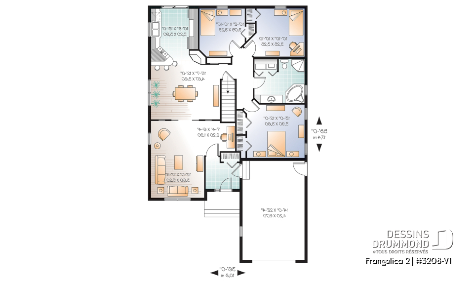 Rez-de-chaussée - Plan de maison 1 étage, 3 chambres, garage, grande salle familiale, coin ordinateur, style Cape Cod, foyer - Frangelica 2