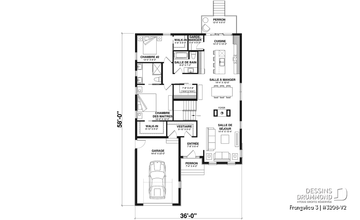Rez-de-chaussée - Plan de maison 2 chambres, 2 s. bain, suite des maîtres, grand vestiaire, bungalow style farmhouse avec garage - Frangelica 3