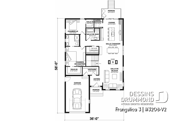 Rez-de-chaussée - Plan de maison 2 chambres, 2 s. bain, suite des maîtres, grand vestiaire, bungalow style farmhouse avec garage - Frangelica 3