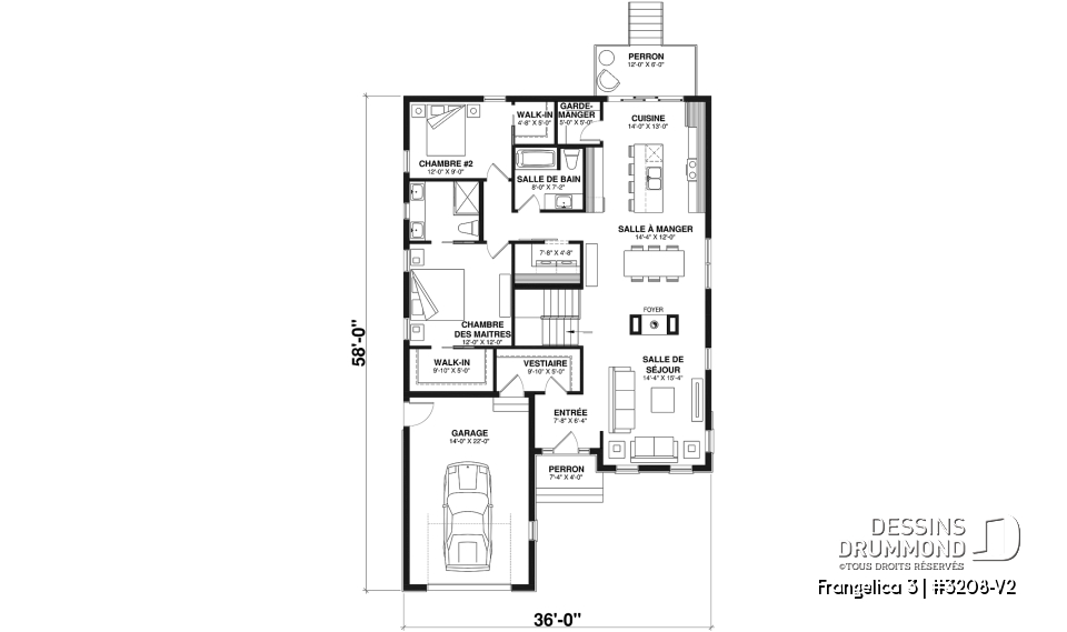 Rez-de-chaussée - Plan de maison 2 chambres, 2 s. bain, suite des maîtres, grand vestiaire, bungalow style farmhouse avec garage - Frangelica 3