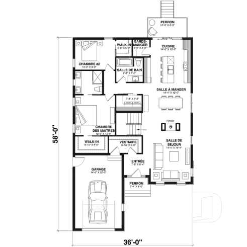 Rez-de-chaussée - Plan de maison 2 chambres, 2 s. bain, suite des maîtres, grand vestiaire, bungalow style farmhouse avec garage - Frangelica 3