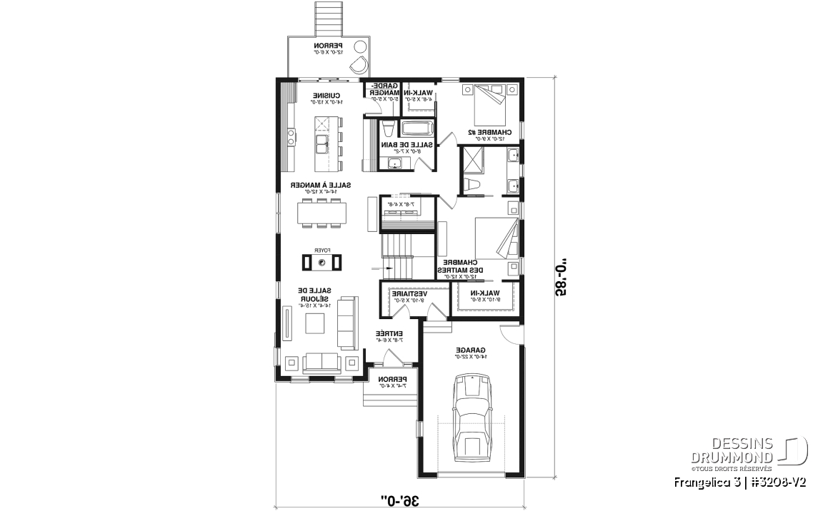 Rez-de-chaussée - Plan de maison 2 chambres, 2 s. bain, suite des maîtres, grand vestiaire, bungalow style farmhouse avec garage - Frangelica 3