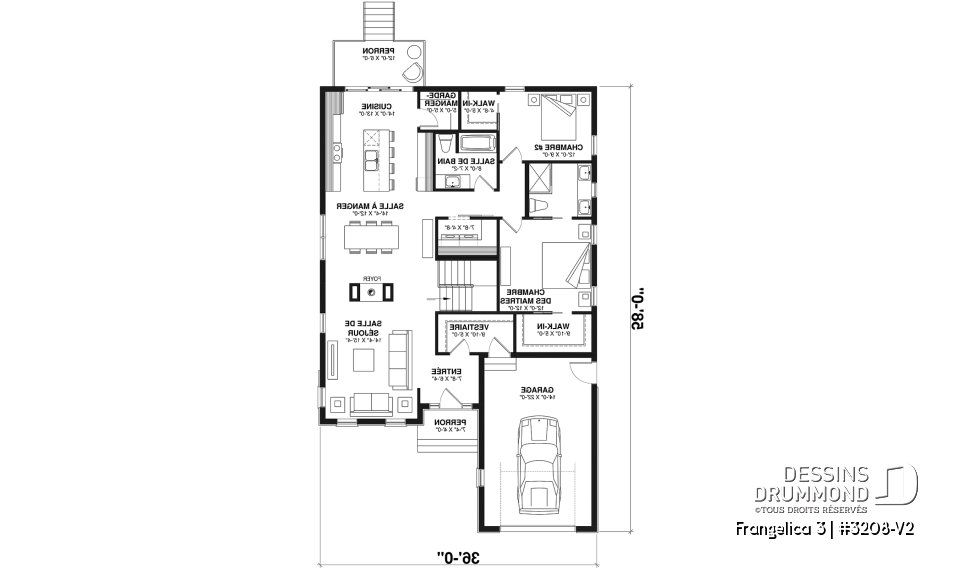Rez-de-chaussée - Plan de maison 2 chambres, 2 s. bain, suite des maîtres, grand vestiaire, bungalow style farmhouse avec garage - Frangelica 3