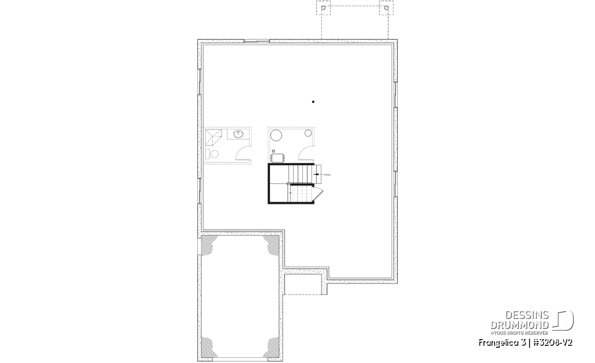 Sous-sol - Plan de maison 2 chambres, 2 s. bain, suite des maîtres, grand vestiaire, bungalow style farmhouse avec garage - Frangelica 3