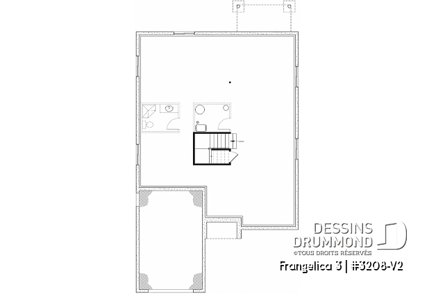 Sous-sol - Plan de maison 2 chambres, 2 s. bain, suite des maîtres, grand vestiaire, bungalow style farmhouse avec garage - Frangelica 3