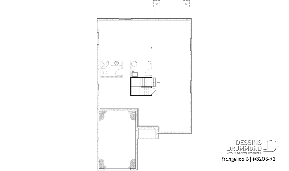 Sous-sol - Plan de maison 2 chambres, 2 s. bain, suite des maîtres, grand vestiaire, bungalow style farmhouse avec garage - Frangelica 3