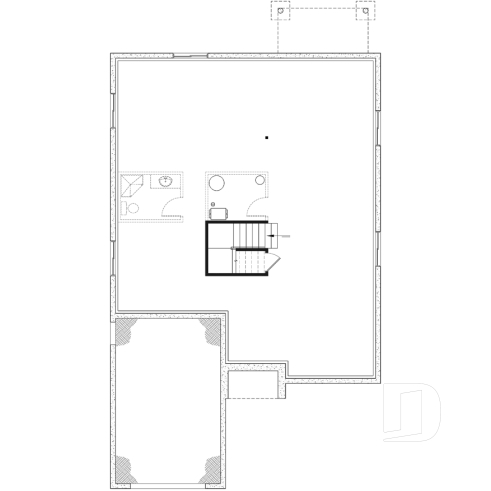 Sous-sol - Plan de maison 2 chambres, 2 s. bain, suite des maîtres, grand vestiaire, bungalow style farmhouse avec garage - Frangelica 3