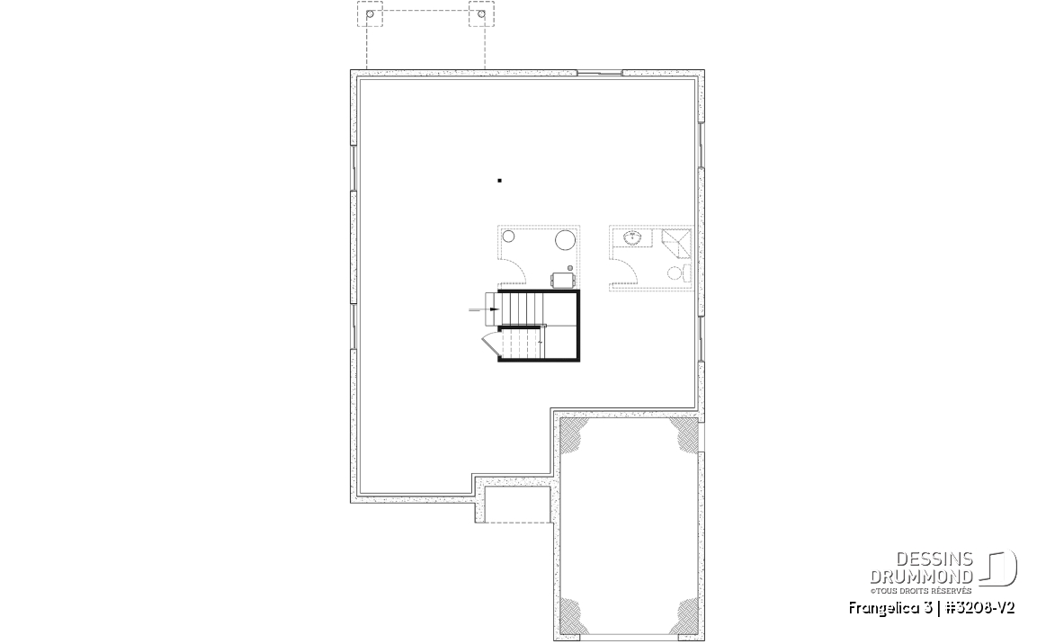 Sous-sol - Plan de maison 2 chambres, 2 s. bain, suite des maîtres, grand vestiaire, bungalow style farmhouse avec garage - Frangelica 3
