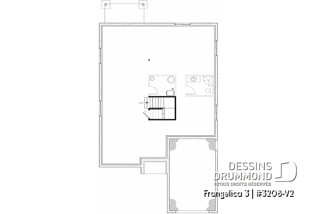 Sous-sol - Plan de maison 2 chambres, 2 s. bain, suite des maîtres, grand vestiaire, bungalow style farmhouse avec garage - Frangelica 3