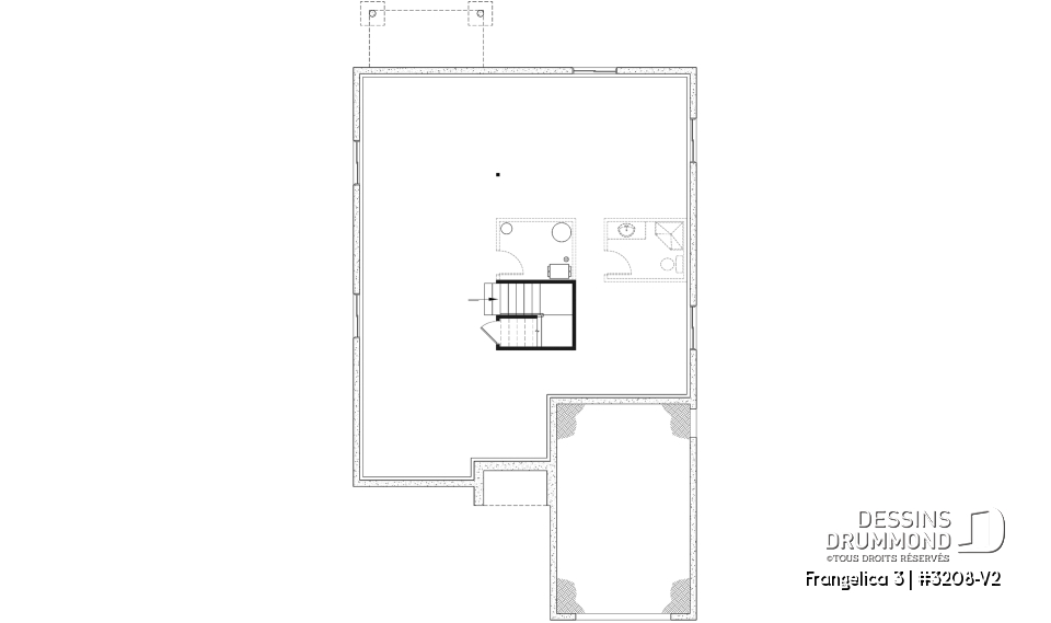 Sous-sol - Plan de maison 2 chambres, 2 s. bain, suite des maîtres, grand vestiaire, bungalow style farmhouse avec garage - Frangelica 3