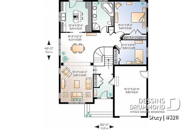 Rez-de-chaussée - Plan de plain-pied pour terrain étroit, abordable avec garage, 2 chambres, aire ouverte, plafond 11' - Stacy
