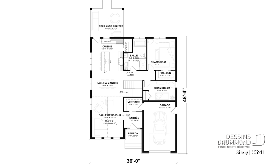 Rez-de-chaussée - Modèle de maison plain-pied champêtre avec garage simple, plafond cathédral et aire ouverte lumineuse - Stacy
