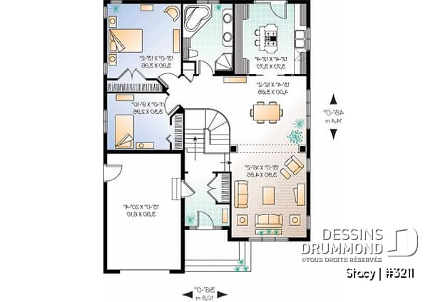 Rez-de-chaussée - Plan de plain-pied pour terrain étroit, abordable avec garage, 2 chambres, aire ouverte, plafond 11' - Stacy
