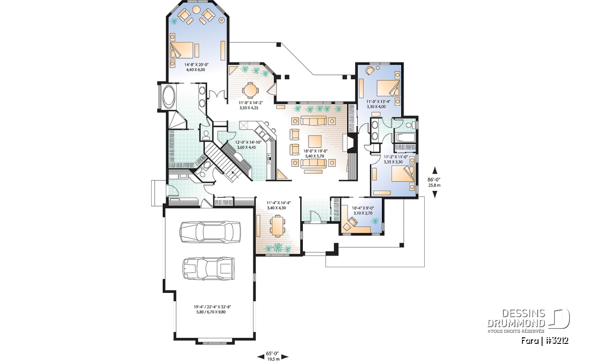 Rez-de-chaussée - Plan de maison de style Floride, grande terrasse, 3 à 4 ch., garage triple, superbe patio arrière abrité - Fara
