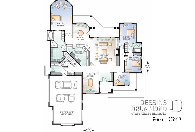 Rez-de-chaussée - Plan de maison de style Floride, grande terrasse, 3 à 4 ch., garage triple, superbe patio arrière abrité - Fara