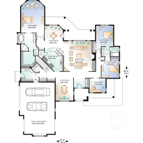 Rez-de-chaussée - Plan de maison de style Floride, grande terrasse, 3 à 4 ch., garage triple, superbe patio arrière abrité - Fara