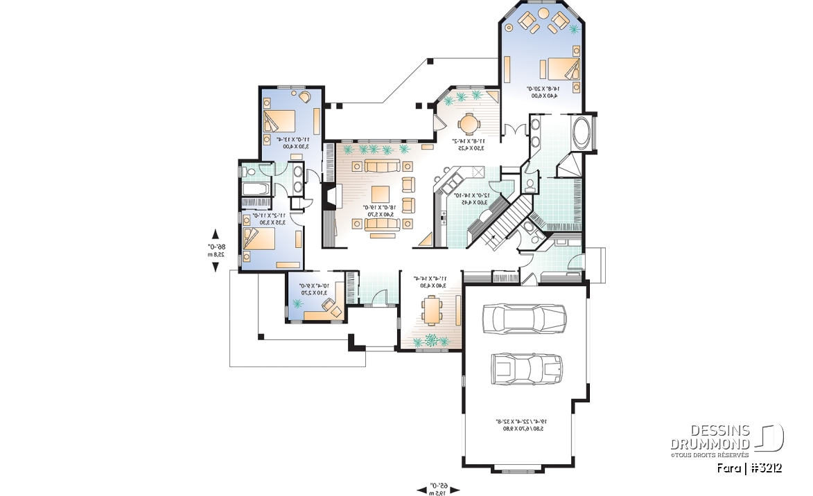 Rez-de-chaussée - Plan de maison de style Floride, grande terrasse, 3 à 4 ch., garage triple, superbe patio arrière abrité - Fara